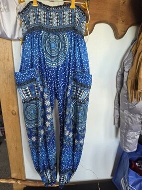 Blue Printed Smocked Waist Jogger Pants/Harem Pants/Boho Pattern Blue.